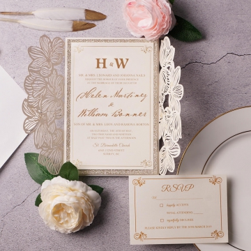 White and gold classic and elegant wedding invite, laser cut invite, foil invite, bridal shower, birthday invite, graduation invite WS130