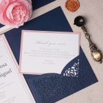 Classic blue and mauve laser cut invites, pocket invites, blush invites, elegant invites, birthday invites, spring, fall, was seal WS131