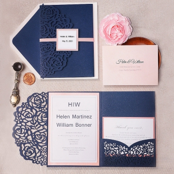 Classic blue and mauve laser cut invites, pocket invites, blush invites, elegant invites, birthday invites, spring, fall, wax seal WS131
