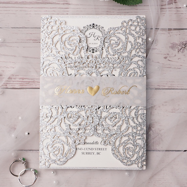 Silver glitter elegant wedding invitation with vellum belly band WS137 ...
