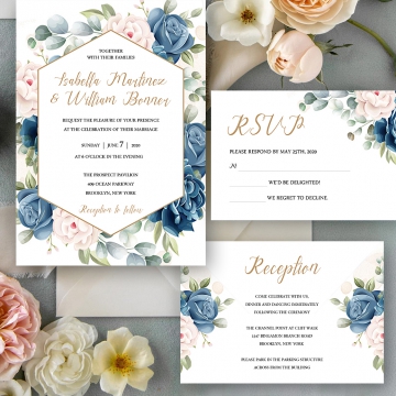 Dusty blue watercolor floral rustic wedding invitation WS140