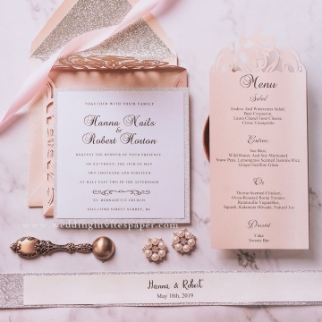 Classic blush and silver wedding invite, laser cut wedding invite, wedding menu, belly band, spring, summer, elegant wedding WS145