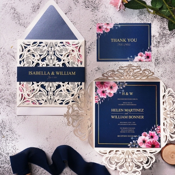 Navy blue and white laser cut wedding invitations WS161