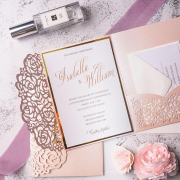 Elegant blush and gold mirror laser cut pocket wedding invite, spring and summer wedding, affordable wedding invitation WS164