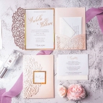 Elegant blush and gold mirror laser cut pocket wedding invite, spring and summe wedding, affordable wedding invitation WS164