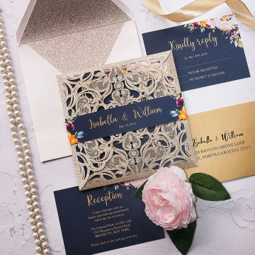 Luxurious gold and navy blue floral wedding invitation with belly band, foil invite, classic invite, bohemian wedding invite WS172