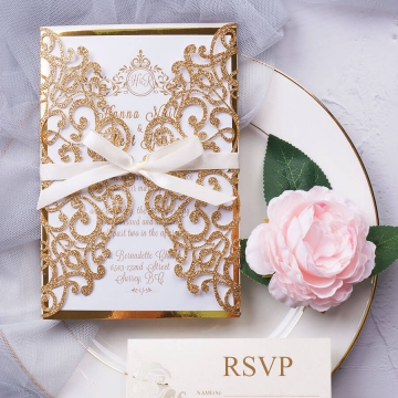 Royal gold elegant wedding invitation with silk ribbon WS173
