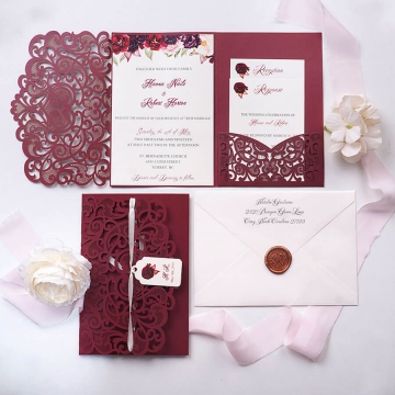 Burgundy laser cut pocket wedding invitation with tag, romantic floral and elegant calligraphy, garden wedding  WS175