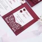 Burgundy laser cut pocket wedding invitation with tag, romantic floral and elegant calligraphy, garden wedding 