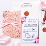 Coral wrap laser cut invitation with pink ribbon, floral wedding invitation romantic rustic cheap for spring and summer WS179