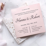 Mild elegant ivory and blush square wrap wedding invitations, cheap laser cut wedding invitations with gray ribbon, spring, summer. WS186