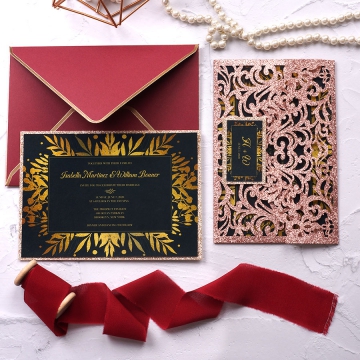 WS215 Luxury rose gold glittering laser cut pocket wedding invitation with tag WS215
