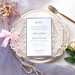 Silver mirror and blush laser cut invitations with pink ribbon WS216