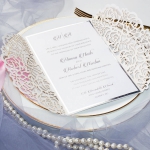 Silver mirror and blush laser cut invitations with pink ribbon WS216