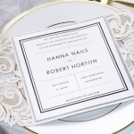 Unique silver mirror laser cut wedding invite with round pear embellishments, shower invitations, anniversary invitations WS217