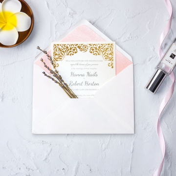 Simple flat laser cut wedding invite with gold mirror lining WS224
