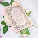 Elegant blush simple flat laser cut wedding invite, gray mirror lining WS225