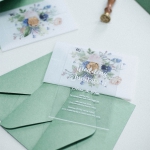 Simple elegant acrylic wedding invitations with boho style vellum wrap, green and blush, watercolor invite WS226