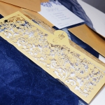 Gold and blue laser cut wedding invite with heart tag WS218