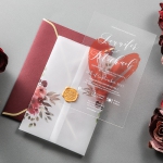 Romantic orange watercolor heart shape acrylic wedding invitation with vellum wrap, clear wedding invitations WS273