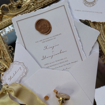 Vintage deckle edge wedding invitations with wax seals WS295